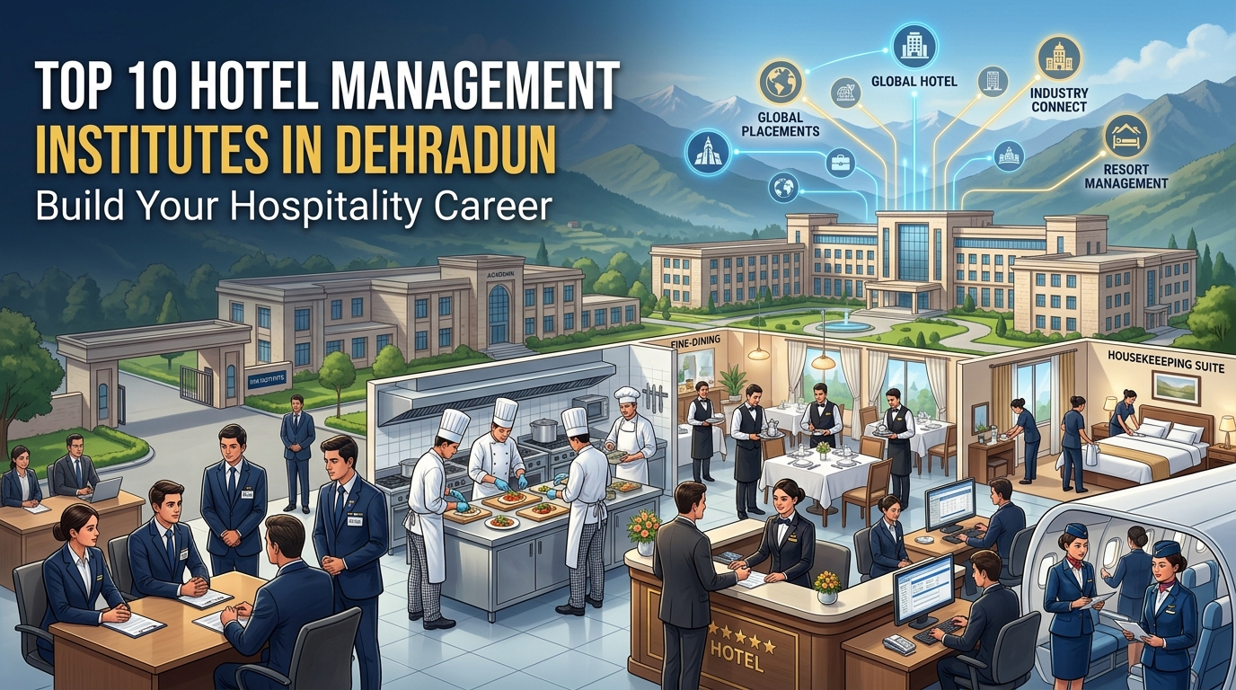 Home 54 Students receiving practical hospitality training at a modern hotel management institute in Dehradun with hotel reception, commercial kitchen, and hospitality laboratories.