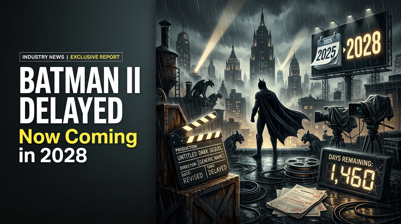 Editorial illustration of a dark superhero overlooking a city skyline with a 2028 calendar, representing the delayed release of The Batman Part II.