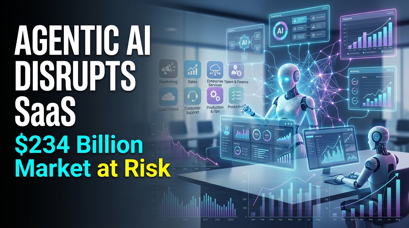Futuristic enterprise AI agents automating business software workflows, illustrating Gartner's warning that agentic AI could disrupt 234 billion dollars in SaaS spending.