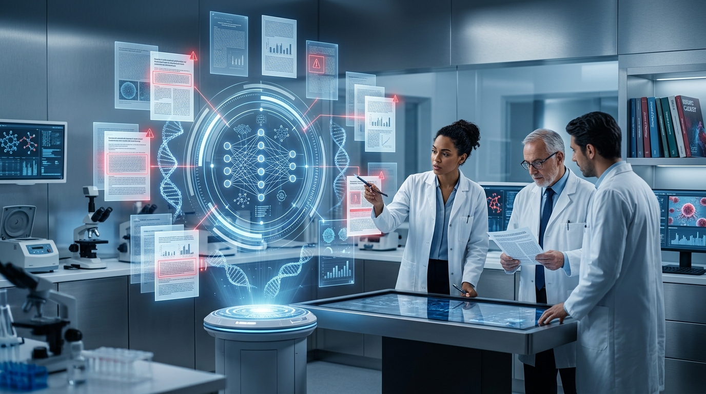Home 12 Artificial intelligence analyzing cancer research papers to identify suspicious scientific studies in a modern medical research laboratory