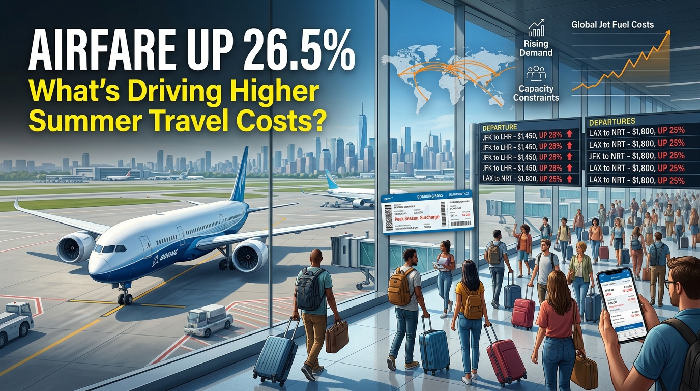 Home 44 Travelers at an international airport as rising airfare prices increase the cost of summer travel in 2026.