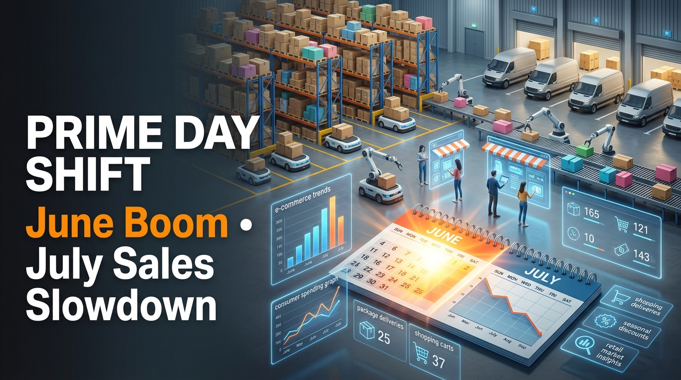Editorial illustration of an e-commerce warehouse with a June-to-July calendar transition, representing the shift of Prime Day and its impact on retail sales.