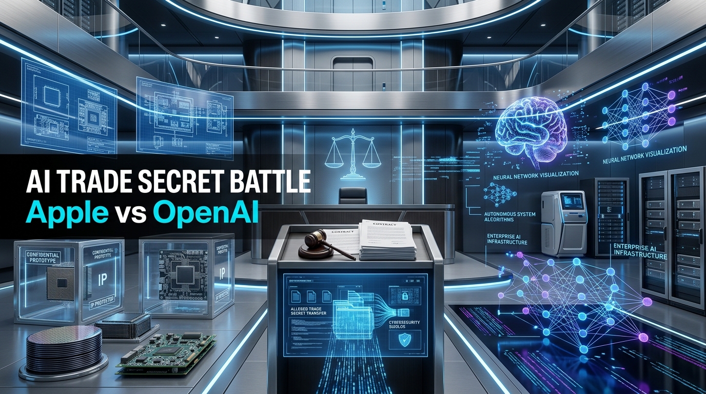 Editorial illustration of a legal dispute over AI hardware trade secrets, featuring a futuristic courtroom, confidential engineering designs, and advanced artificial intelligence technology.