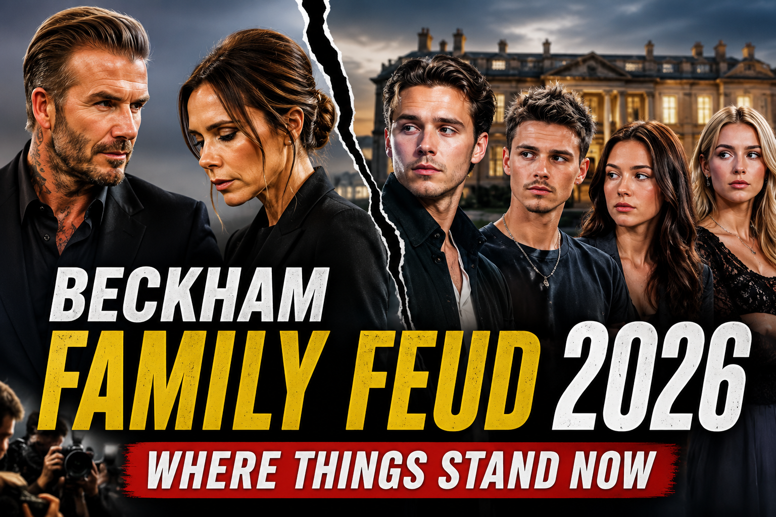 Editorial illustration representing the reported Beckham family tensions in 2026, symbolizing emotional distance and ongoing public attention.