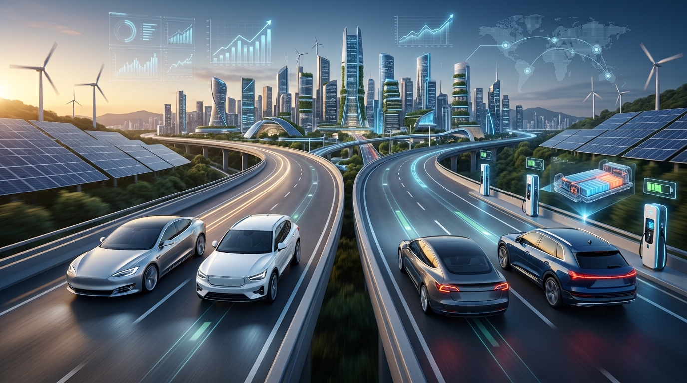 BYD and Tesla electric vehicles representing the global EV sales competition as BYD regains the sales lead in Q2 2026