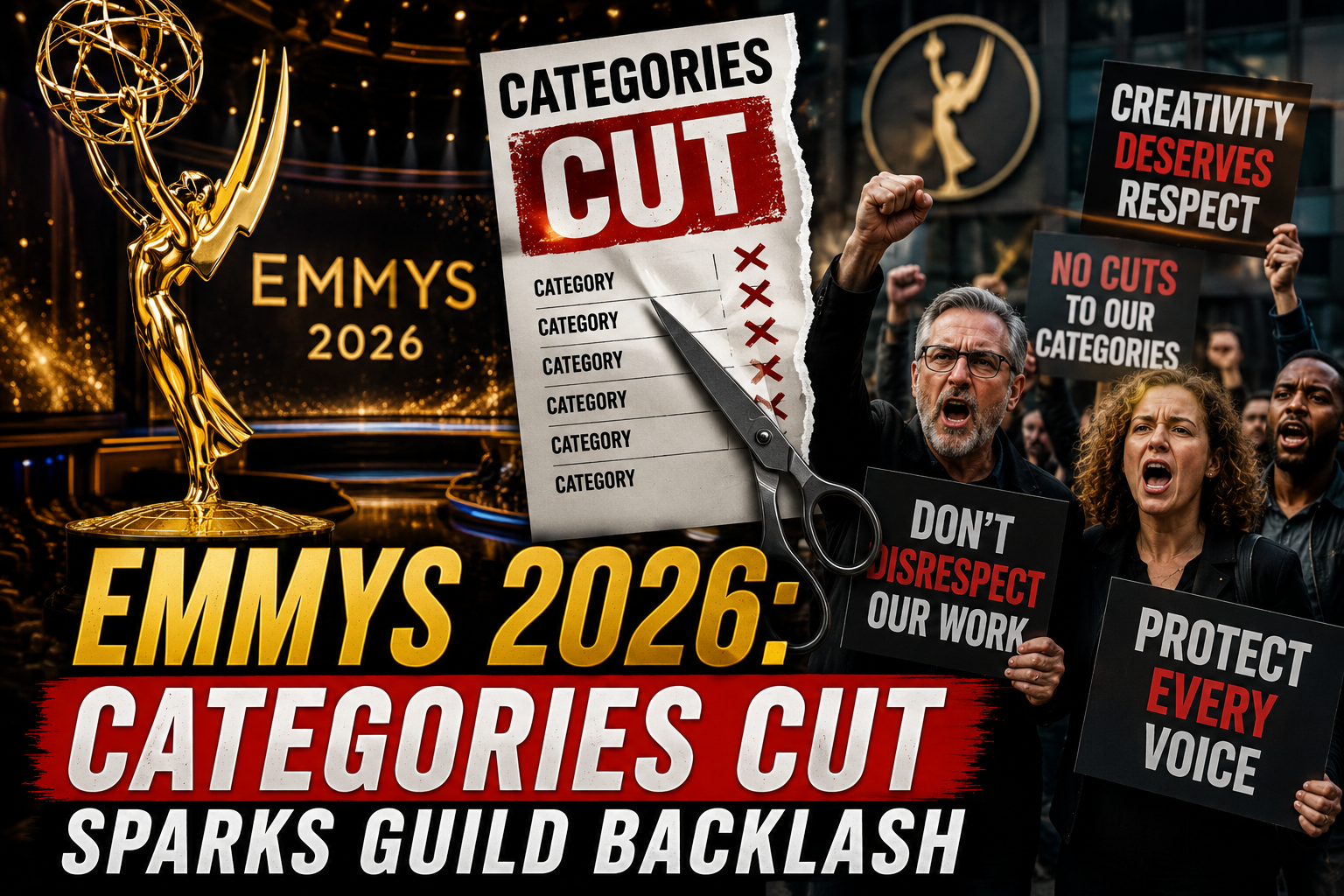 Emmy Awards statue representing the 2026 Emmy Awards controversy over category cuts and the resulting guild backlash