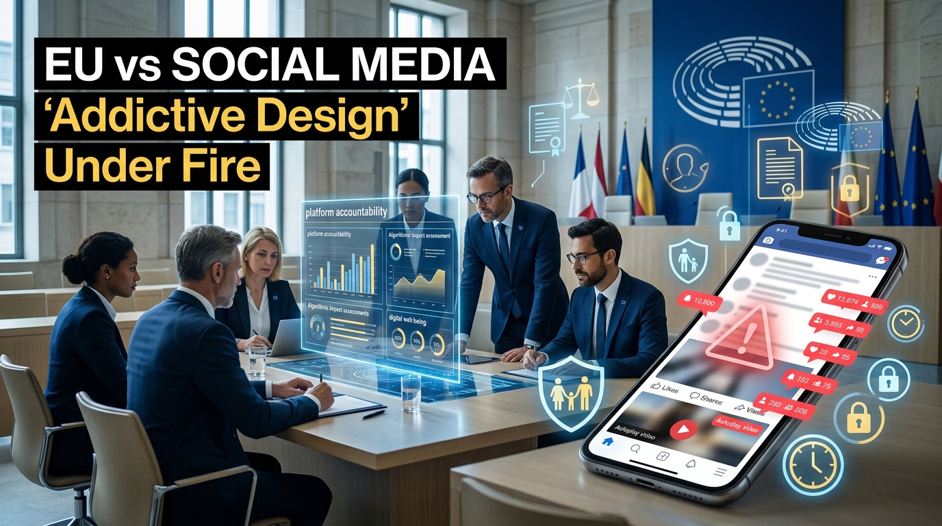 Editorial illustration of a smartphone with an endless social media feed and European regulators reviewing digital platform design under online safety laws.