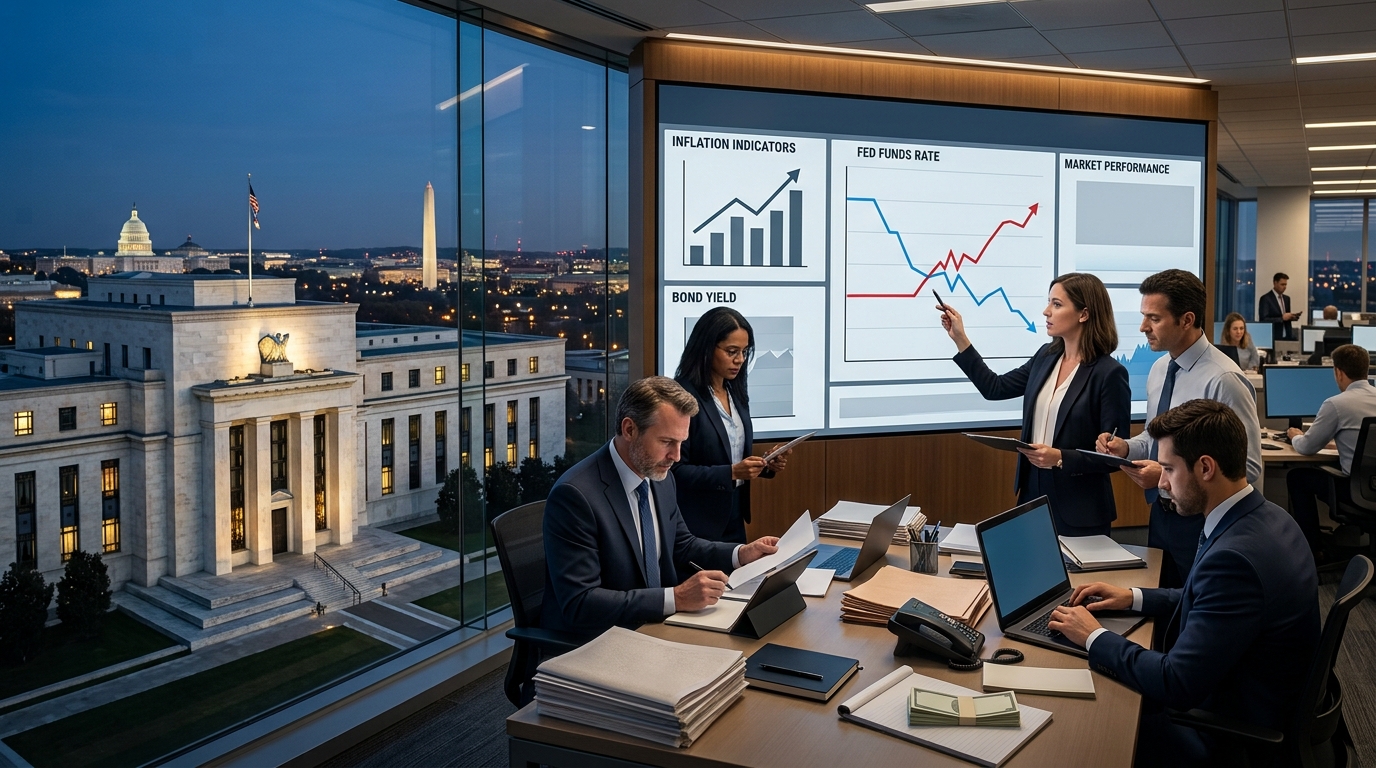 Federal Reserve building with financial analysts reviewing interest rate forecasts as markets shift expectations from rate cuts to possible hikes in July 2026