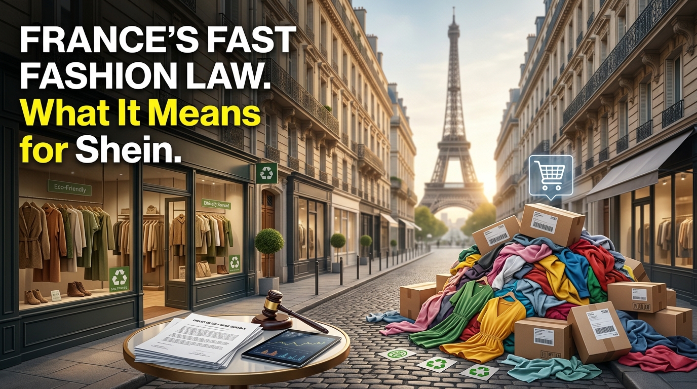 Sustainable fashion concept illustrating France's proposed fast fashion law and its potential impact on global online clothing retailers.