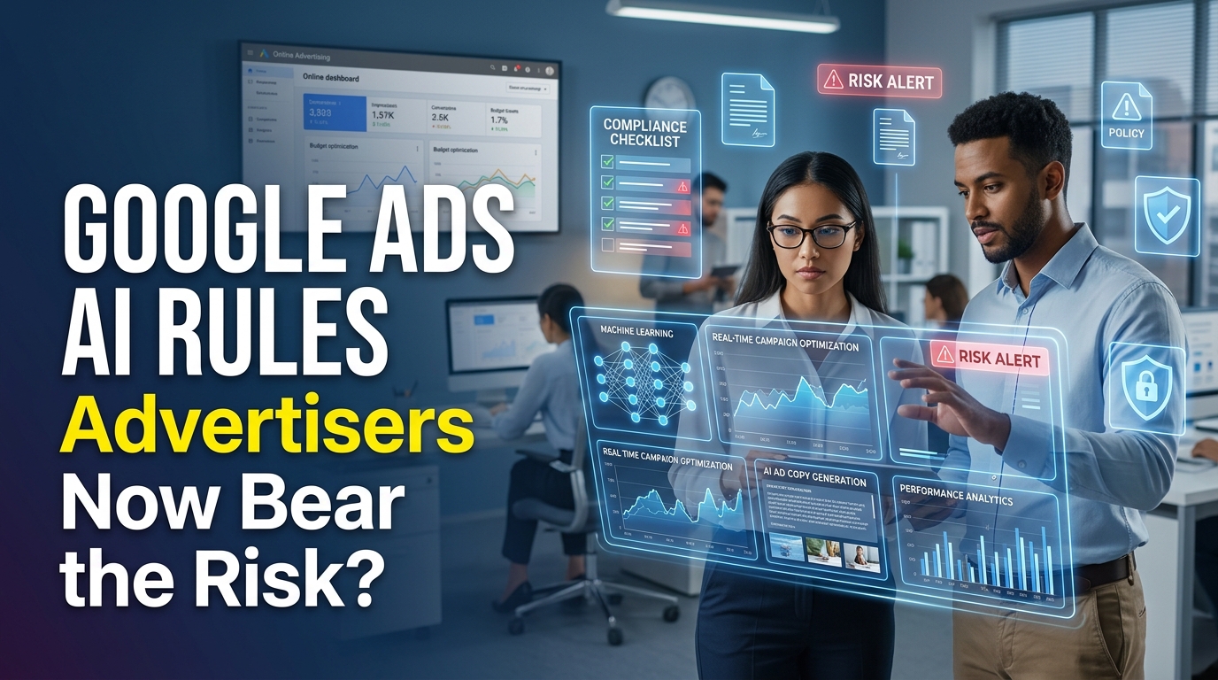 AI-powered digital advertising dashboard illustrating new Google Ads AI terms that increase advertiser responsibility for AI-generated campaigns.