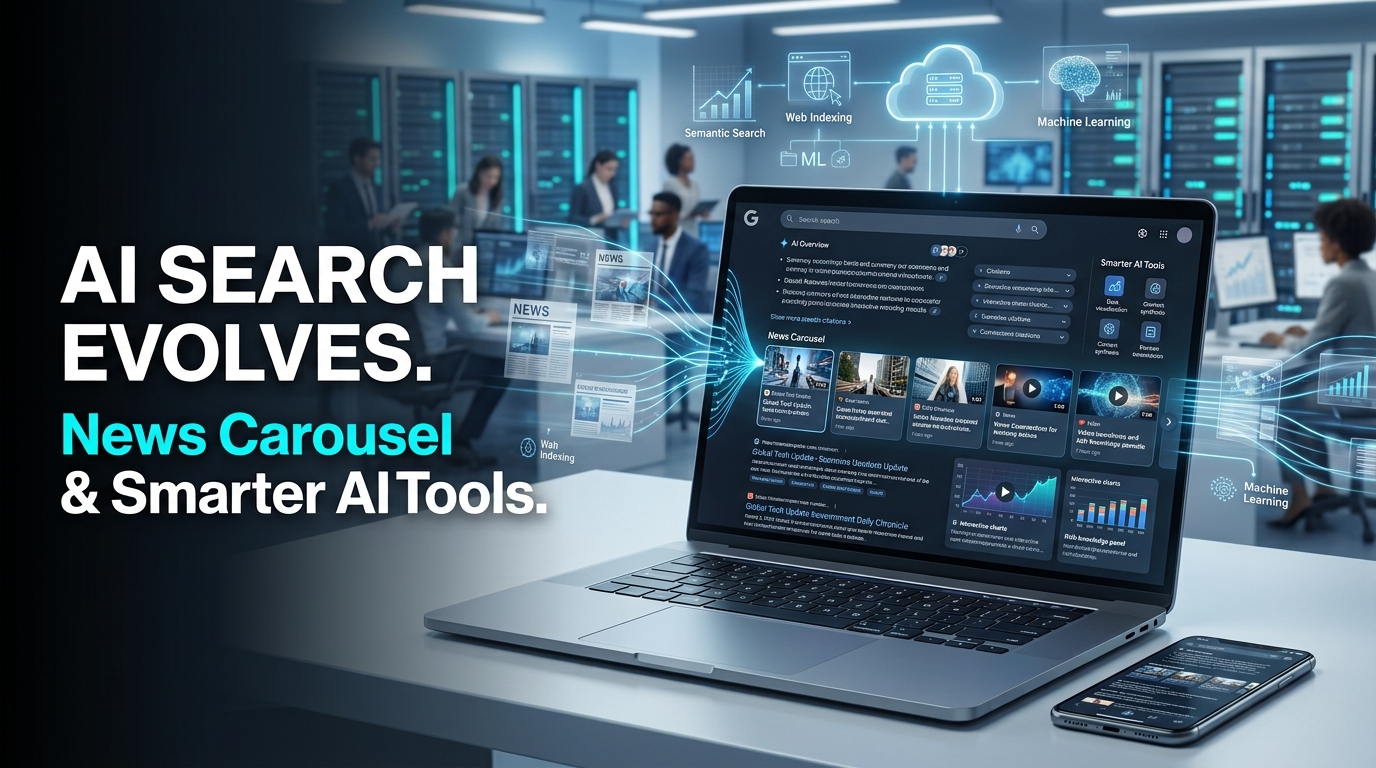 Futuristic AI-powered search interface featuring a news carousel and intelligent search tools, illustrating the evolution of AI Overviews.