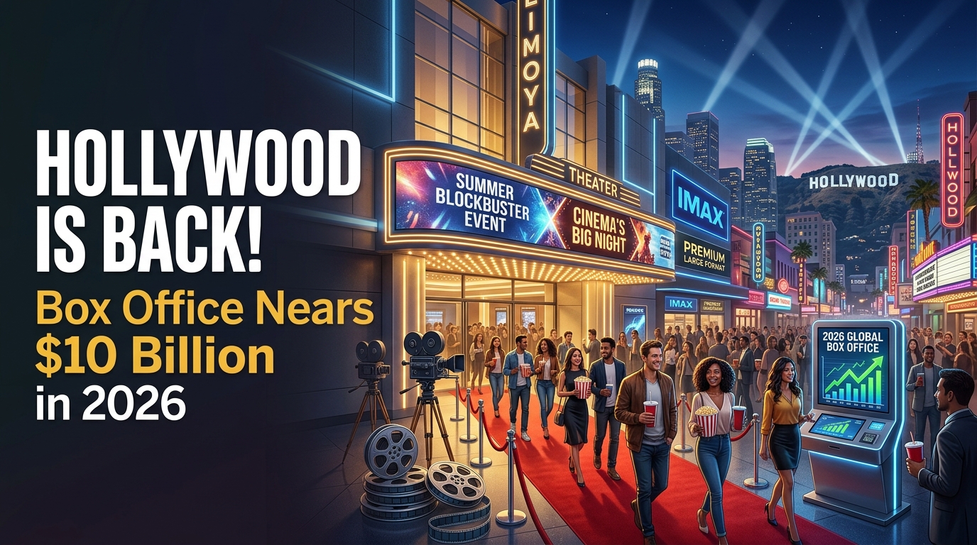 Crowds entering a modern movie theater as Hollywood's box office rebounds toward 10 billion dollars in 2026.