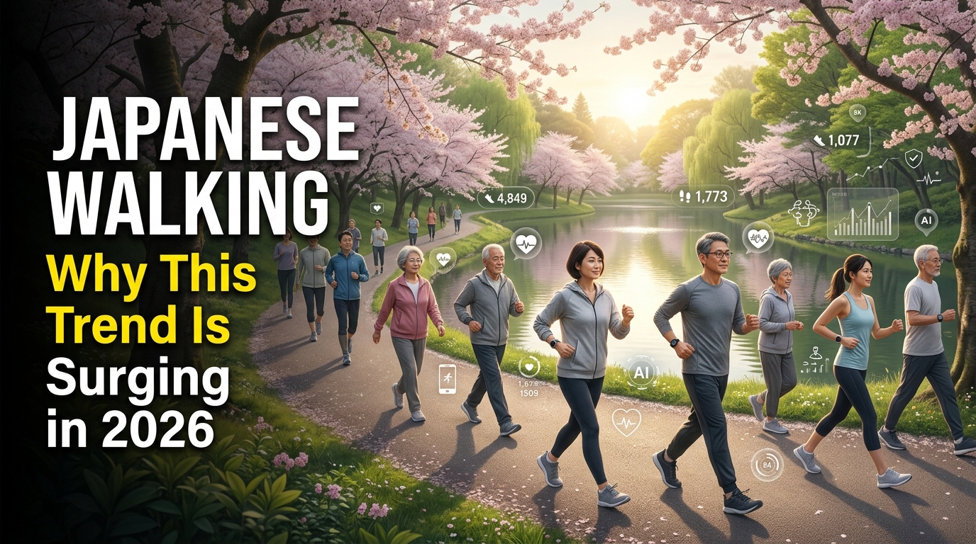 People practicing Japanese walking in a peaceful park, highlighting the wellness trend that has gained popularity in 2026.