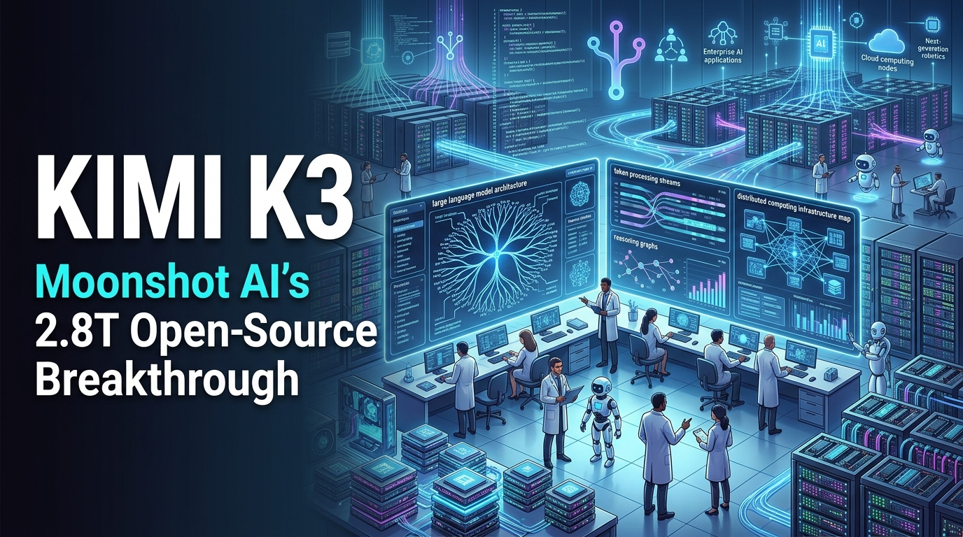 Futuristic AI data center and neural network visualization representing Moonshot AI's Kimi K3 open-source large language model with 2.8 trillion parameters.
