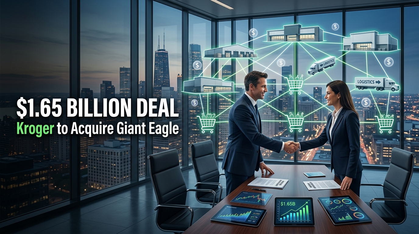 Corporate executives shaking hands as two major supermarket chains merge in a 1.65 billion dollar retail acquisition, symbolizing Kroger's purchase of Giant Eagle.