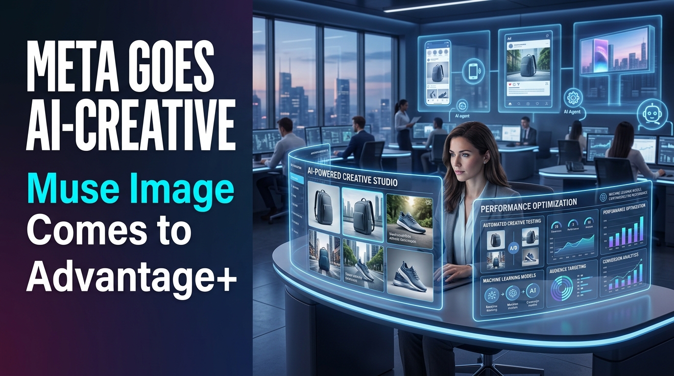 AI-powered advertising studio generating product images and campaign creatives automatically, illustrating Muse Image integration with Advantage+ for advertisers.