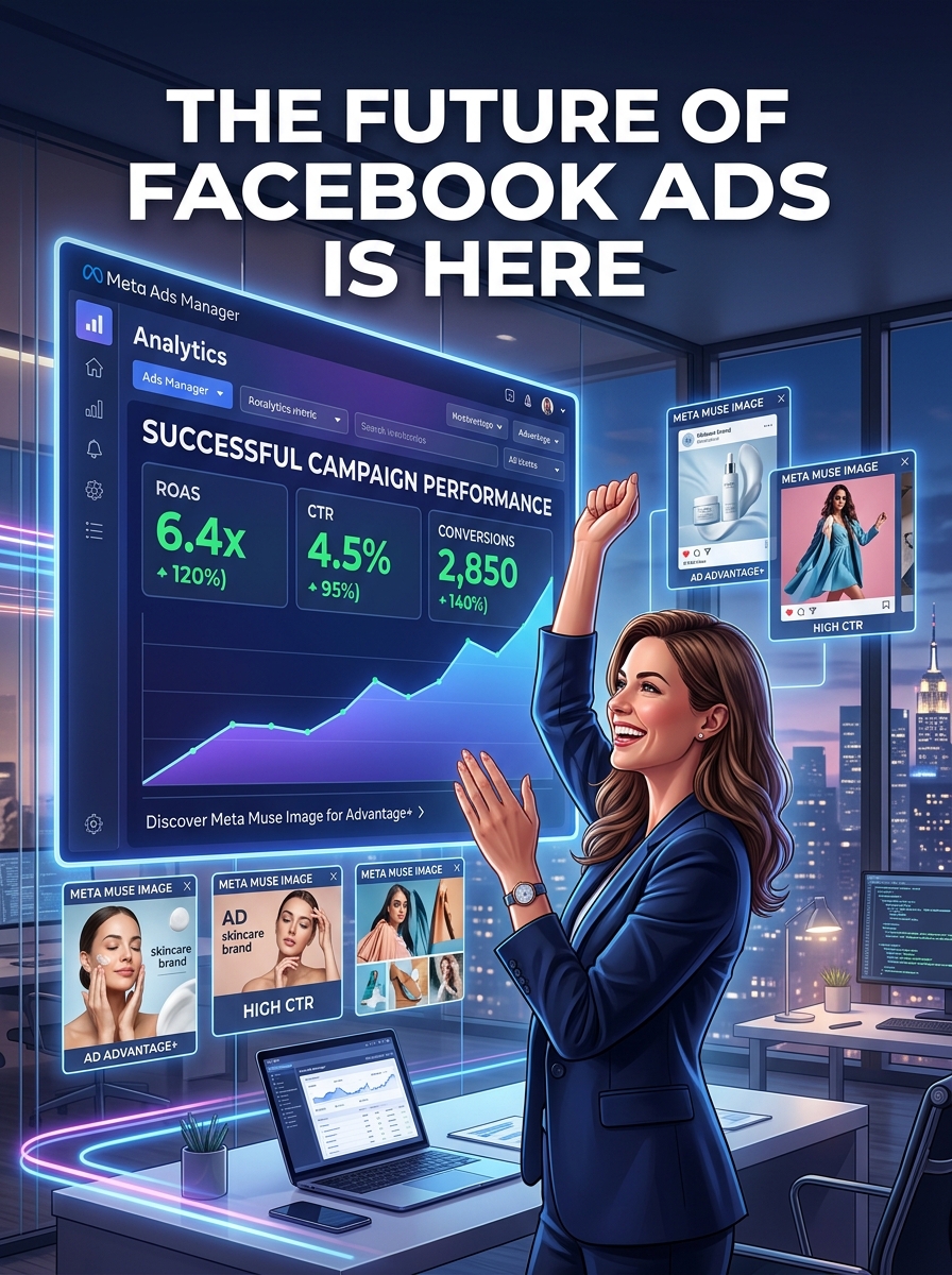 meta-muse-image-advertising-performance-dashboard.jpg Digital marketer using Meta Muse Image with Advantage+ to improve advertising performance and campaign results.