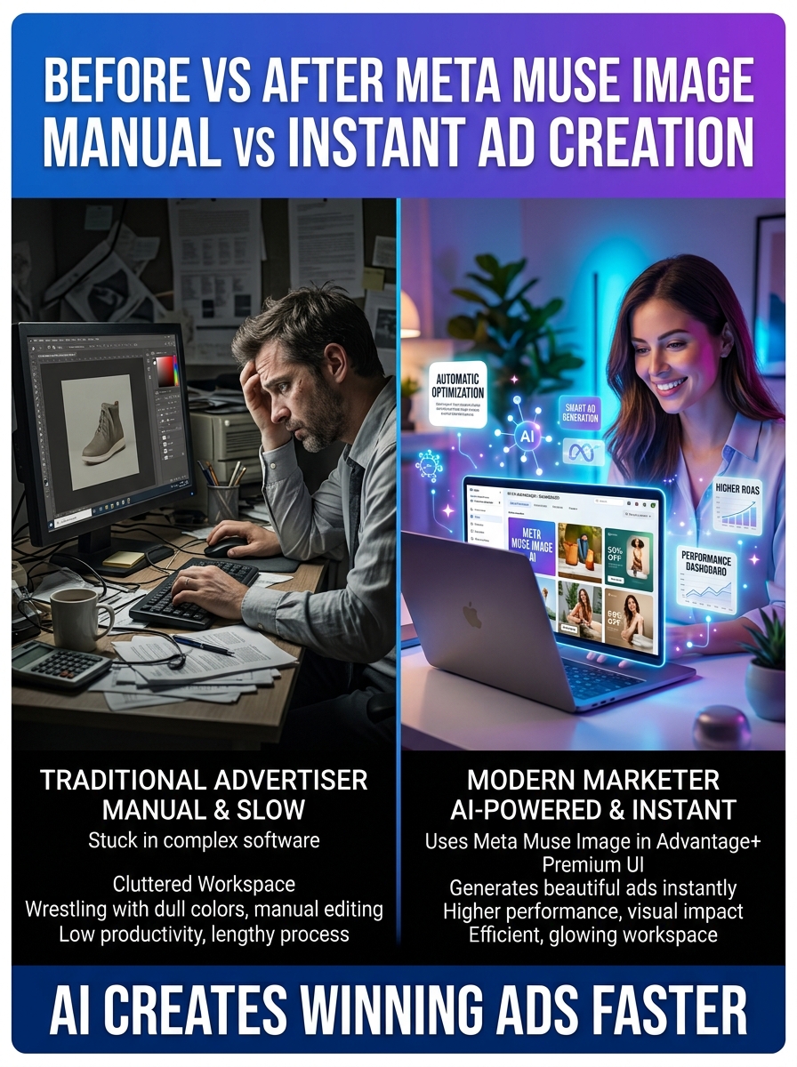 meta-muse-image-before-vs-after-advertising-ai.jpg Before and after comparison showing traditional ad creation versus Meta Muse Image AI-generated advertising creatives.