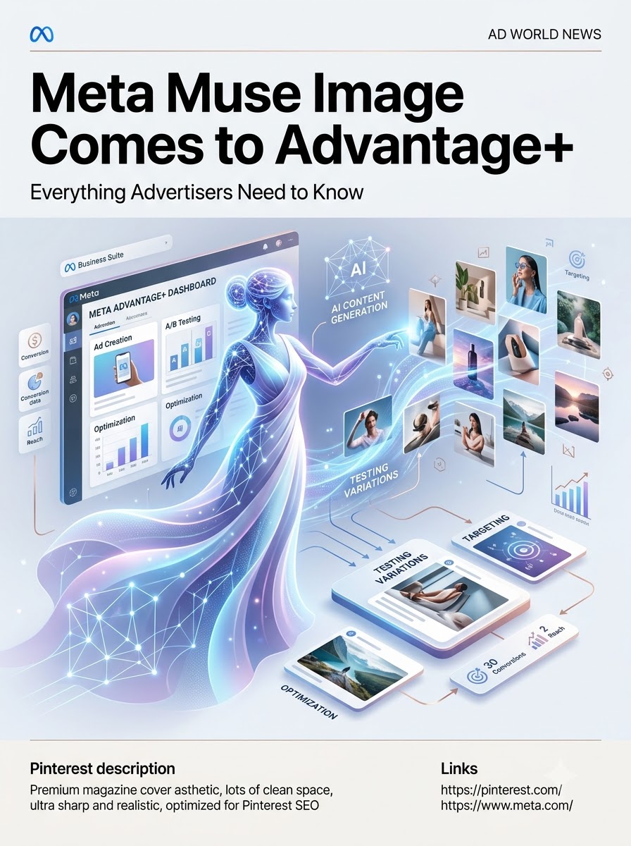 meta-muse-image-comes-to-advantage-plus-news.jpg Editorial illustration highlighting Meta Muse Image integration with Advantage+ advertising tools.