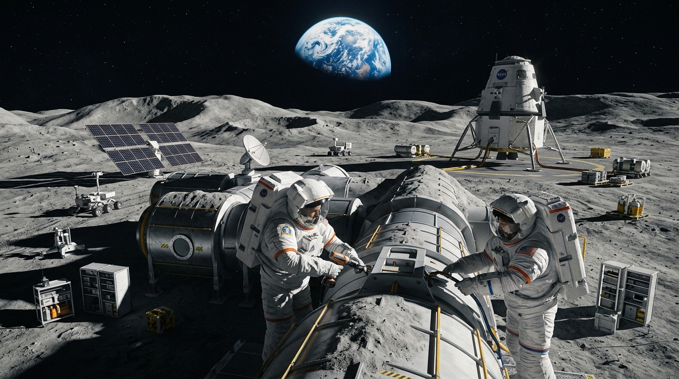 Home 56 NASA astronauts building a futuristic Moon base during new lunar exploration missions with spacecraft, lunar habitat, and Earth visible above the Moon.