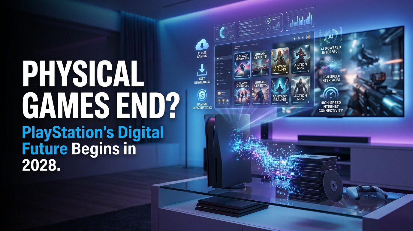 Home 27 Modern gaming console with digital game library replacing physical game discs, illustrating the industry's transition to digital gaming by 2028.