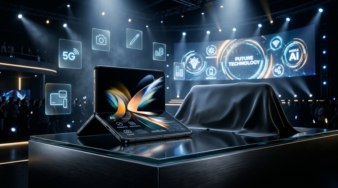 Home 28 Futuristic foldable smartphone and mystery wide device representing Samsung's July 22 Galaxy Unpacked event featuring the expected Z Fold 8 announcement