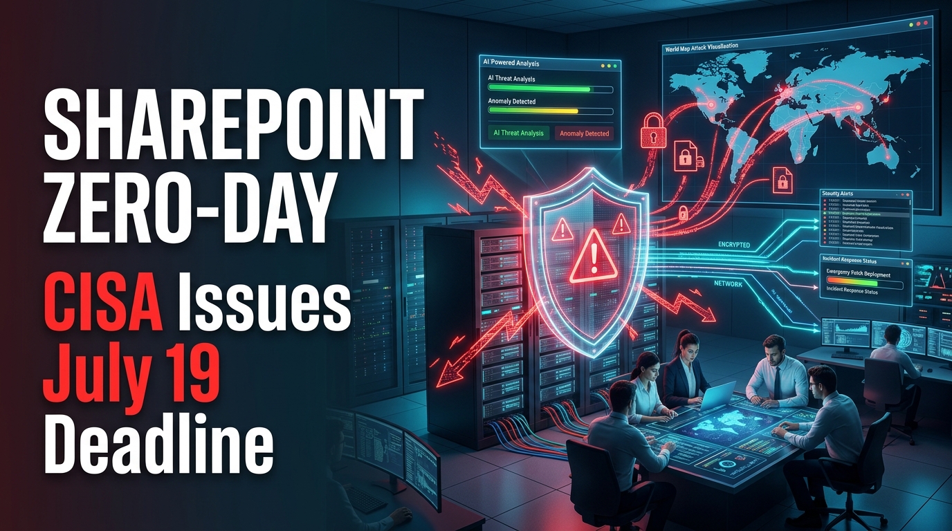 Enterprise cybersecurity operations center responding to a critical SharePoint zero-day attack with AI-powered threat detection and emergency security alerts.