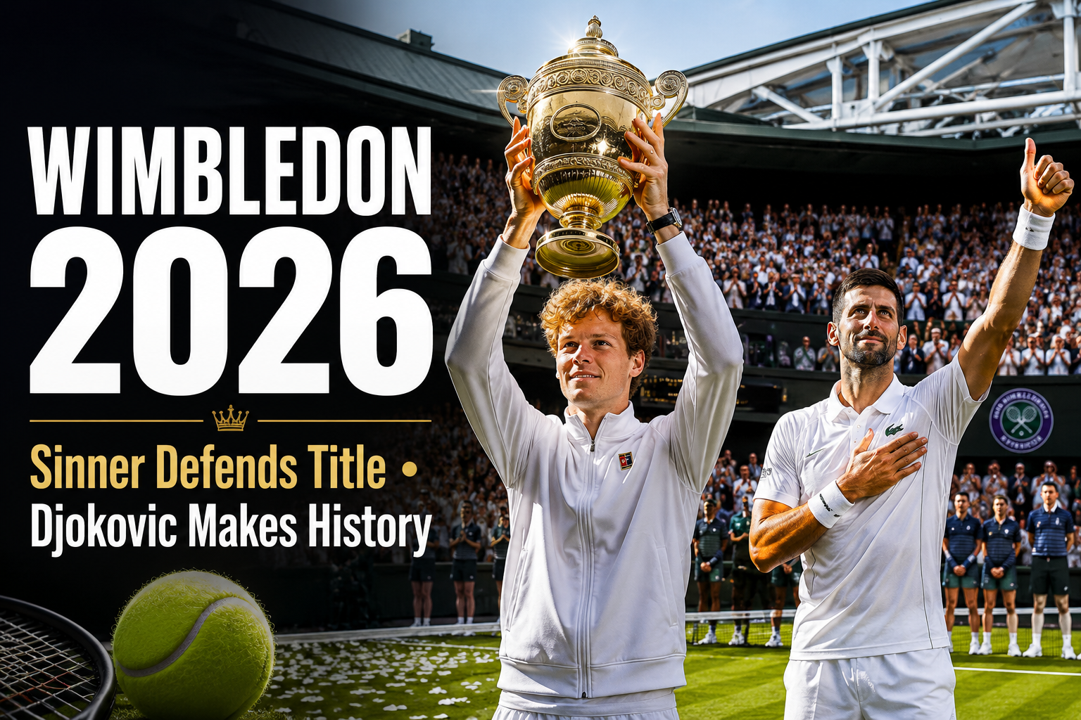Home 49 Tennis champion celebrating a Wimbledon title while another legendary player receives recognition for a historic record during the 2026 Championships.