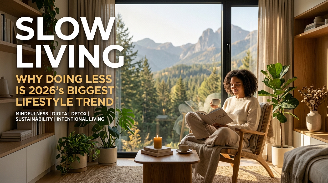 slow-living-2026-top-lifestyle-trend-doing-less Person embracing slow living in a peaceful minimalist home surrounded by nature, representing the top lifestyle trend of 2026.
