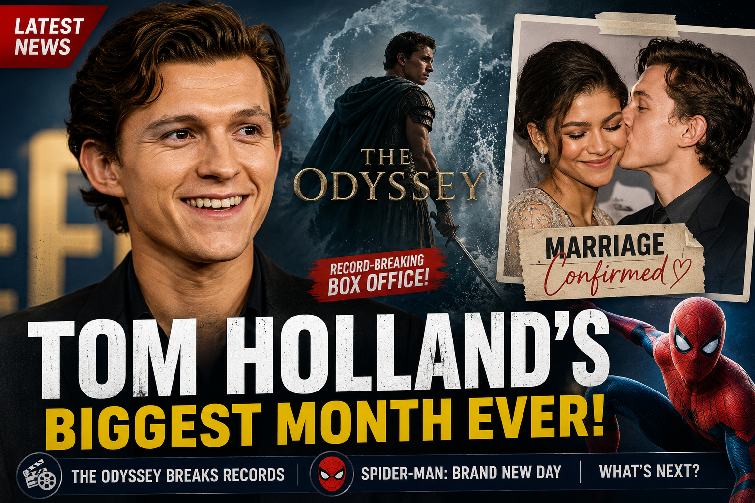 Tom Holland during his biggest month in 2026 featuring The Odyssey box office success, Spider-Man: Brand New Day, and marriage to Zendaya.