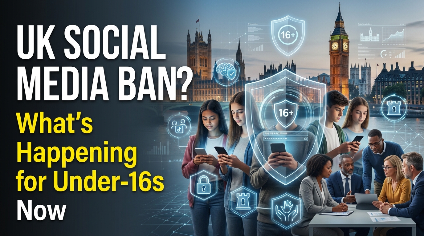 Editorial illustration of teenagers using smartphones with digital safety and age verification features, representing the UK's proposed under-16 social media restrictions.