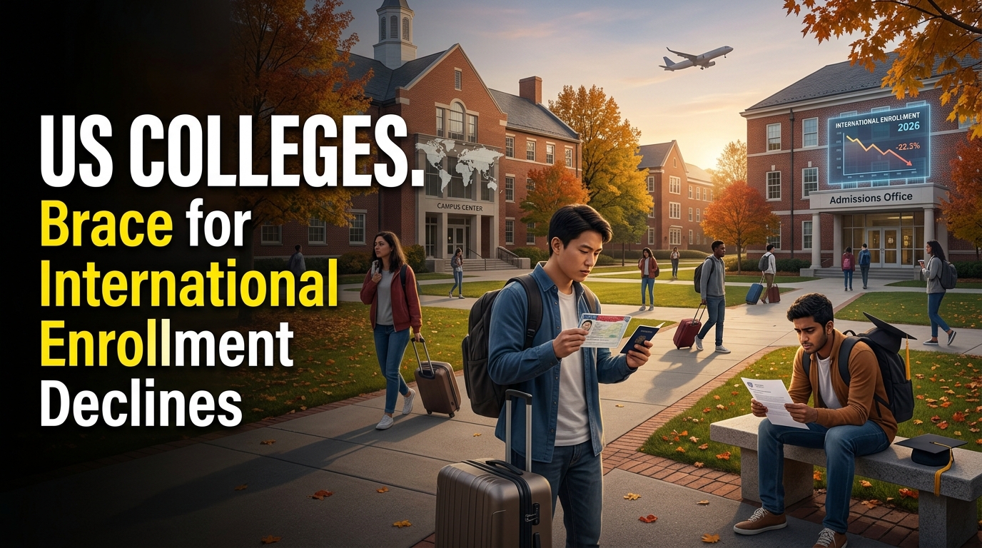 Home 8 International students arriving on a U.S. university campus, illustrating concerns over declining international enrollment at American colleges in 2026.