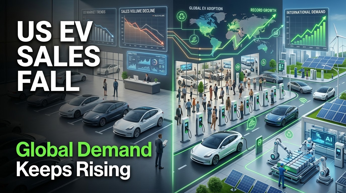 us-ev-sales-decline-global-demand-rises-2026 Editorial illustration comparing slower electric vehicle sales in the United States with growing global EV demand, featuring dealerships, charging stations, and clean transportation technology.