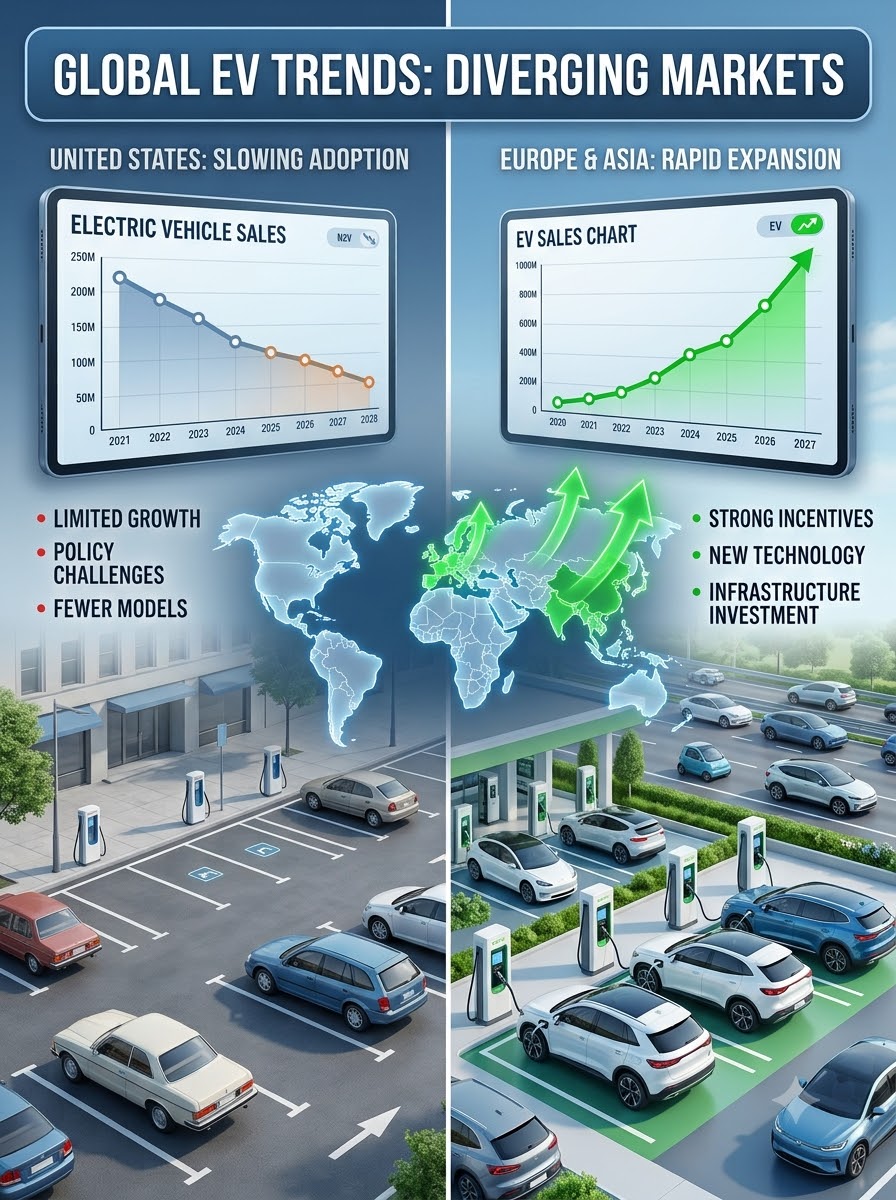 us-vs-global-ev-market-comparison-2026 Comparison of declining US electric vehicle sales and rising global EV demand.