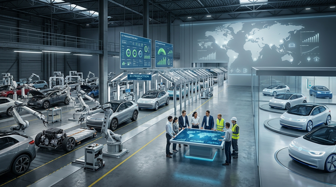 Volkswagen's future vehicle strategy showing a streamlined lineup of electric and modern vehicles as part of its global product reduction plan by 2030.