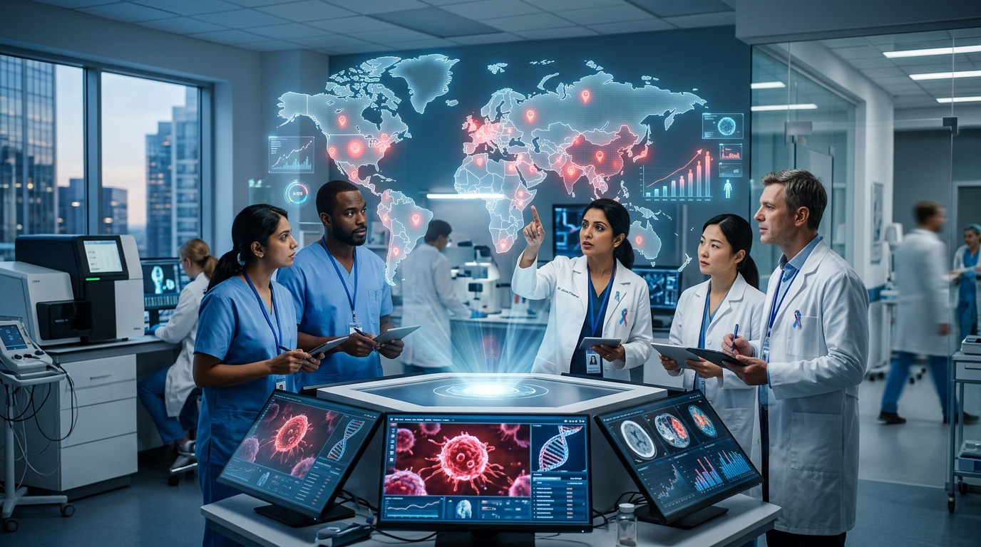 Home 46 WHO report highlighting the projected rise in global cancer cases by 2050 with doctors analyzing medical data and cancer research