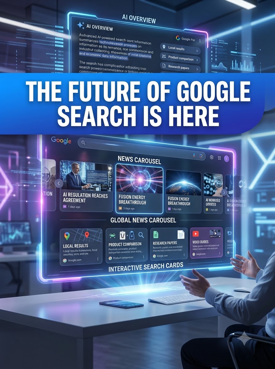 Futuristic AI-powered Google Search interface featuring AI Overviews and a news carousel.