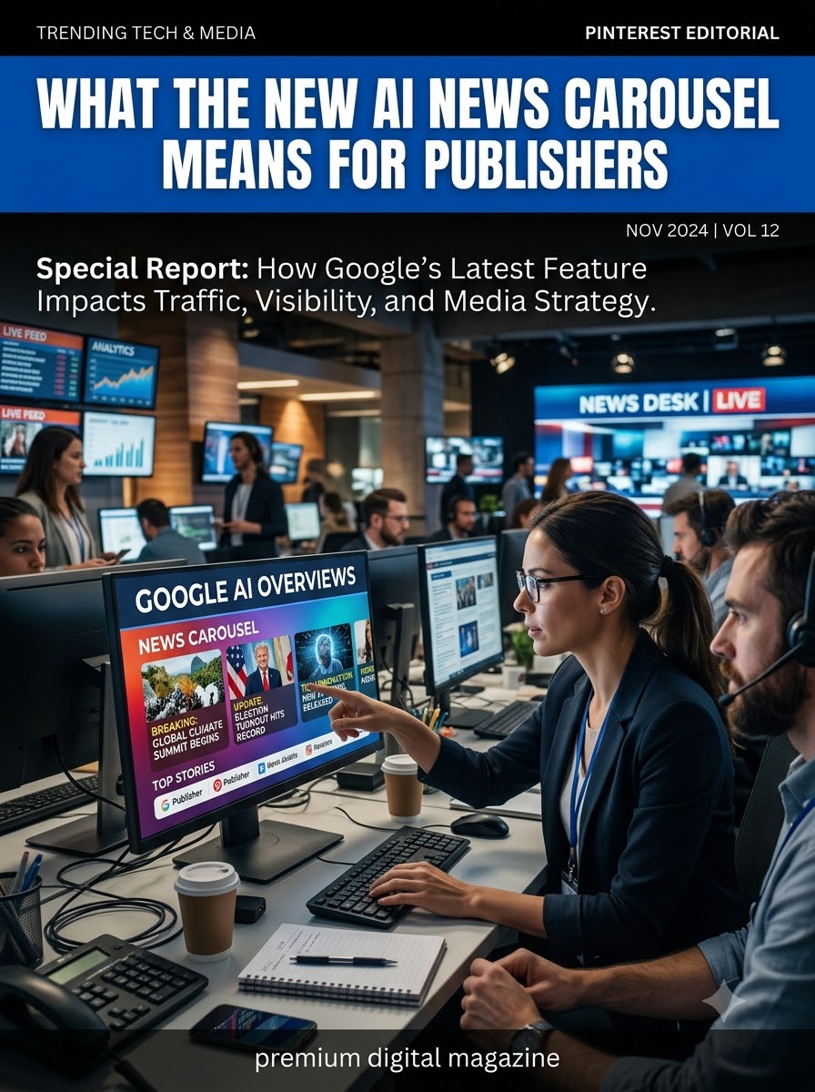Modern newsroom monitoring Google AI Overviews with visual news carousel search results.
