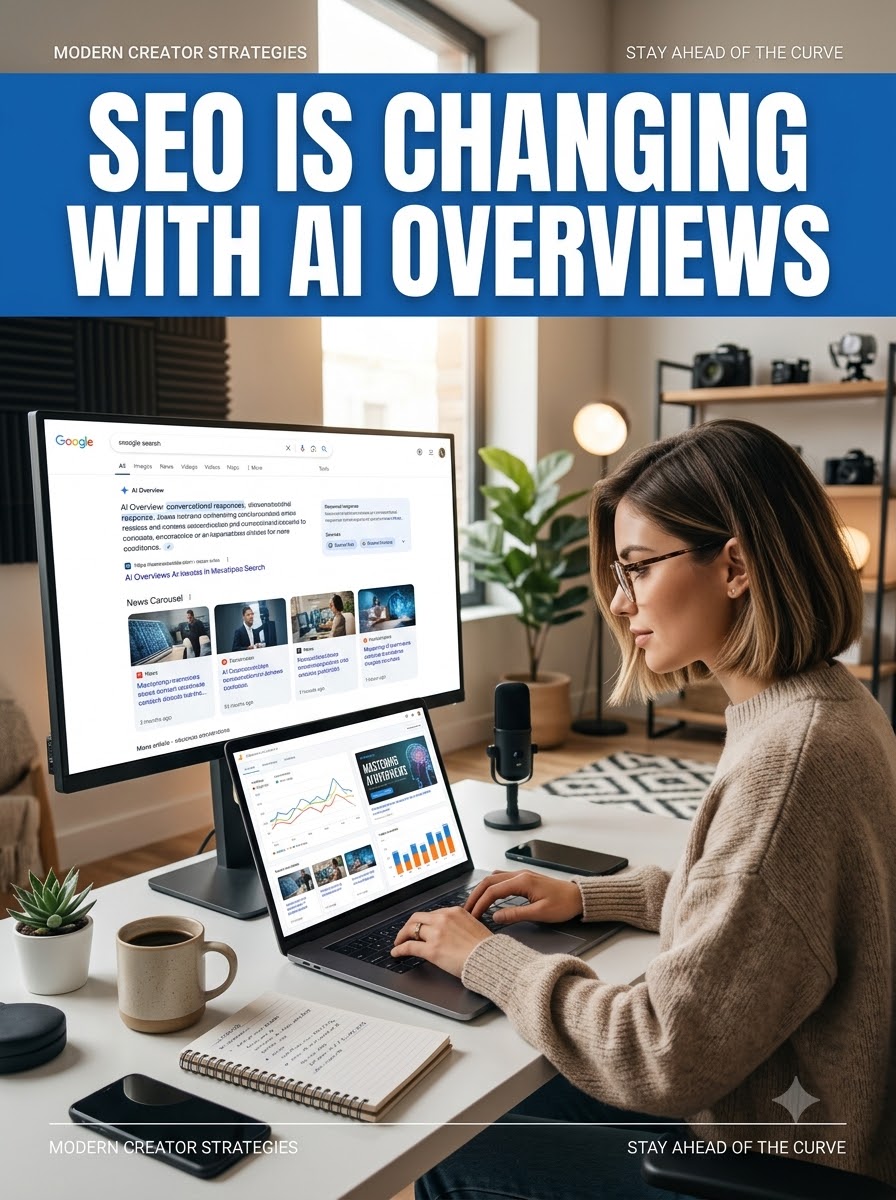 Content creator reviewing Google AI Overviews and News Carousel for SEO strategy.